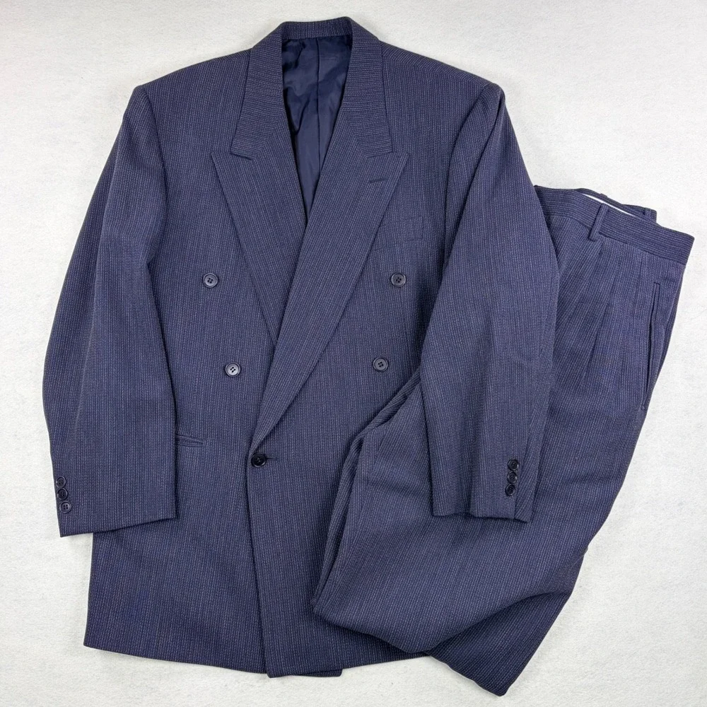 Pal Zileri Italy Mens Navy Blue Wool Double Breasted Pinstripe Suit 42R 36x30